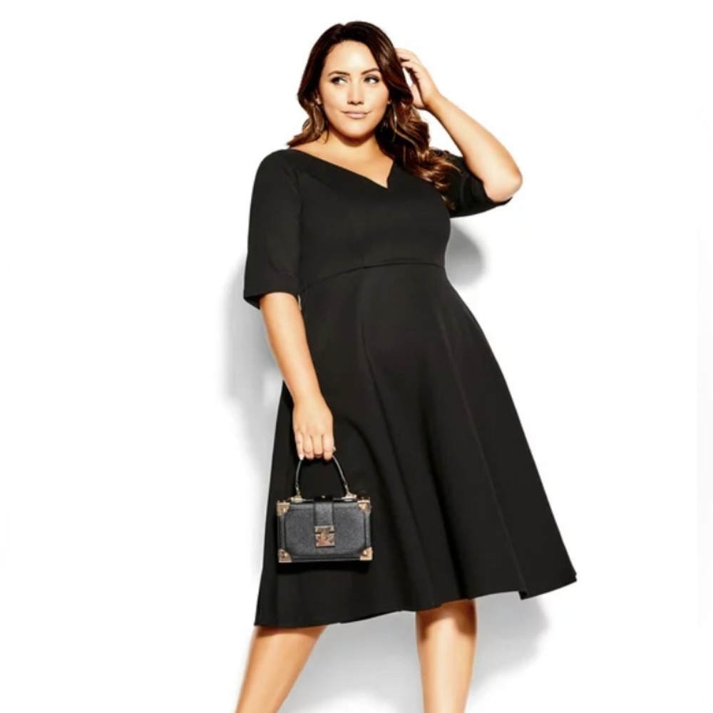 City Chic Black V-Neck A-Line Midi Dress